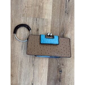 The Limited Y2K Clutch Bag Kiss Lock Womens Brown Turquoise Ostrich Embossed